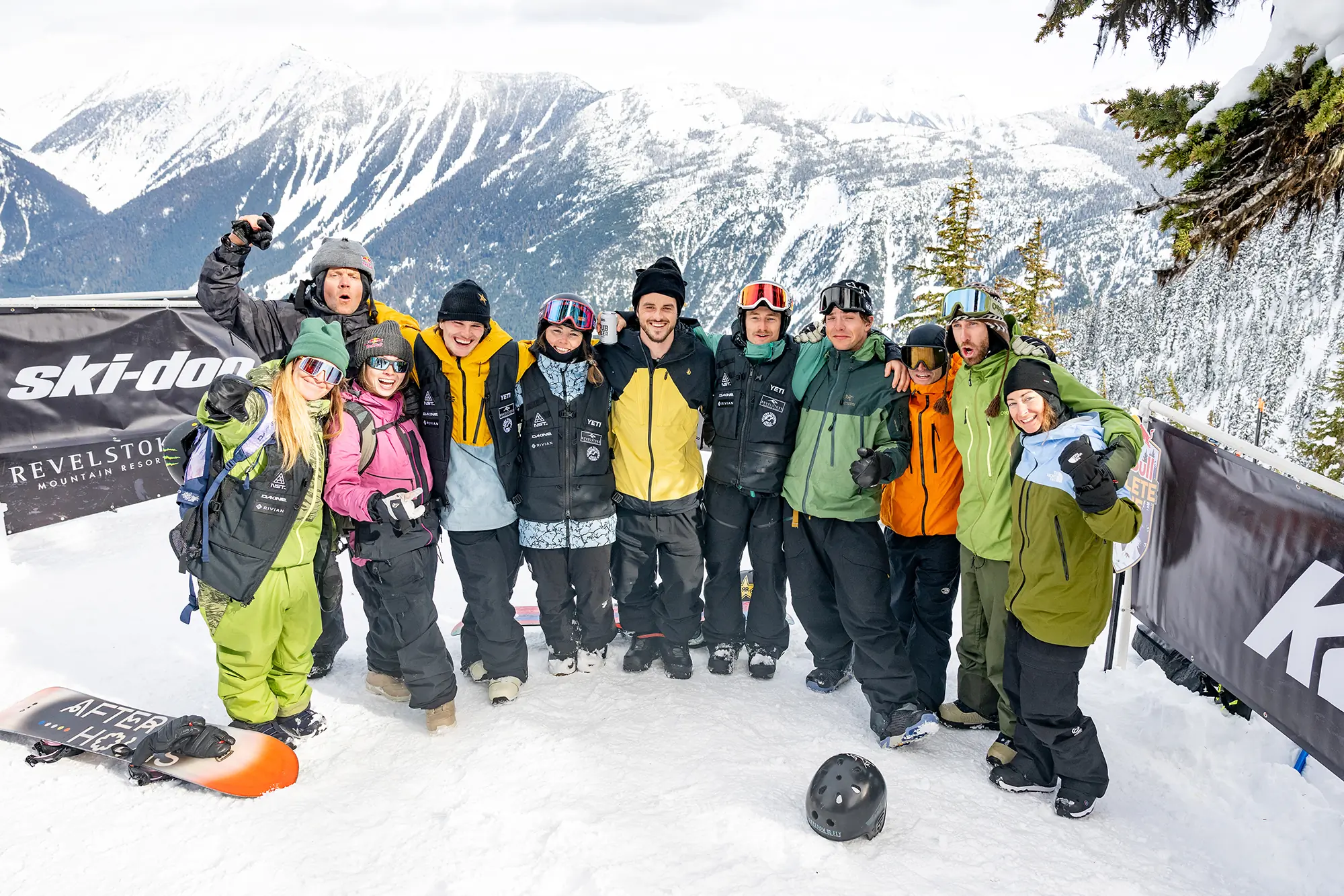photo of 11 athletes on snow in winter sport equipment