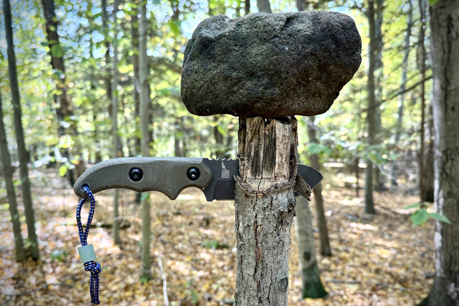 knife wedged into a tree stump with a large stone balanced on top