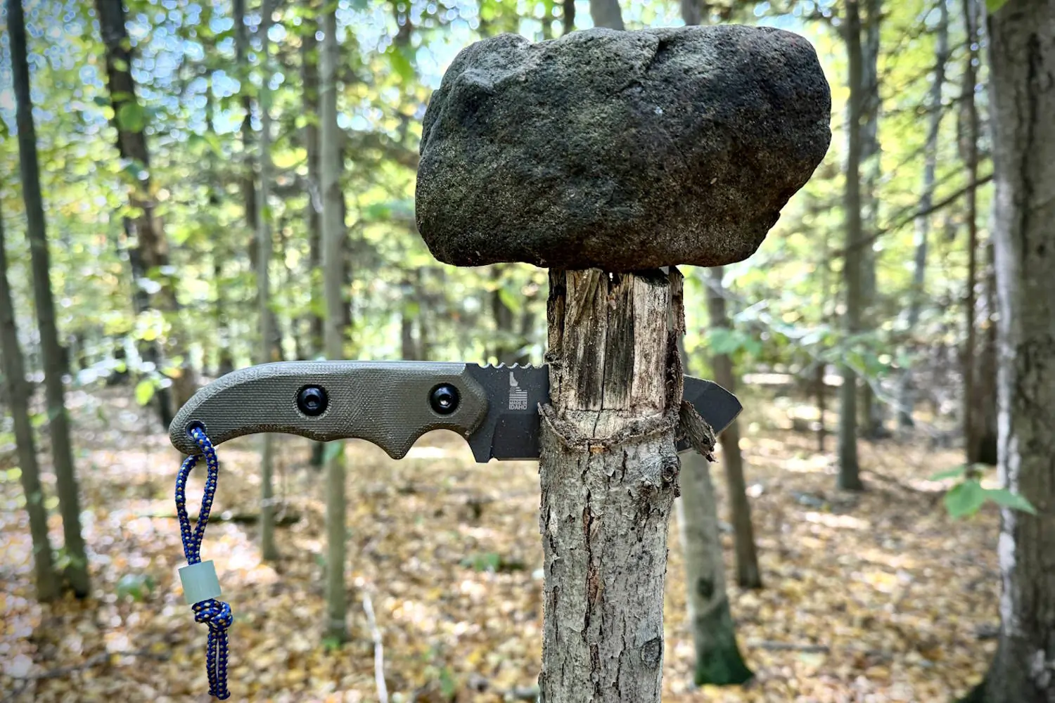 knife wedged into a tree stump with a large stone balanced on top
