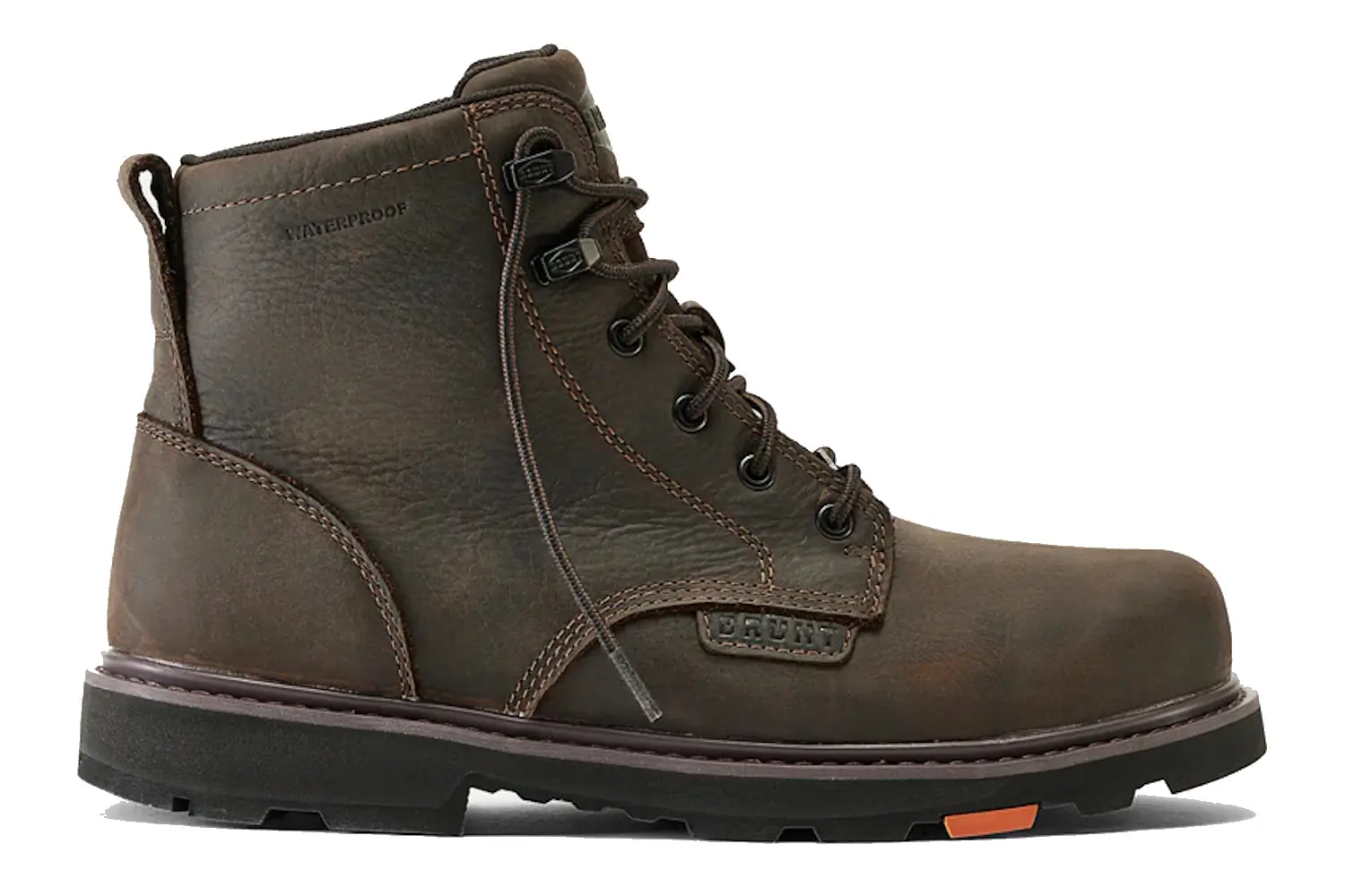 Thorogood moc toe steel toe boots in warehouse setting with concrete floors