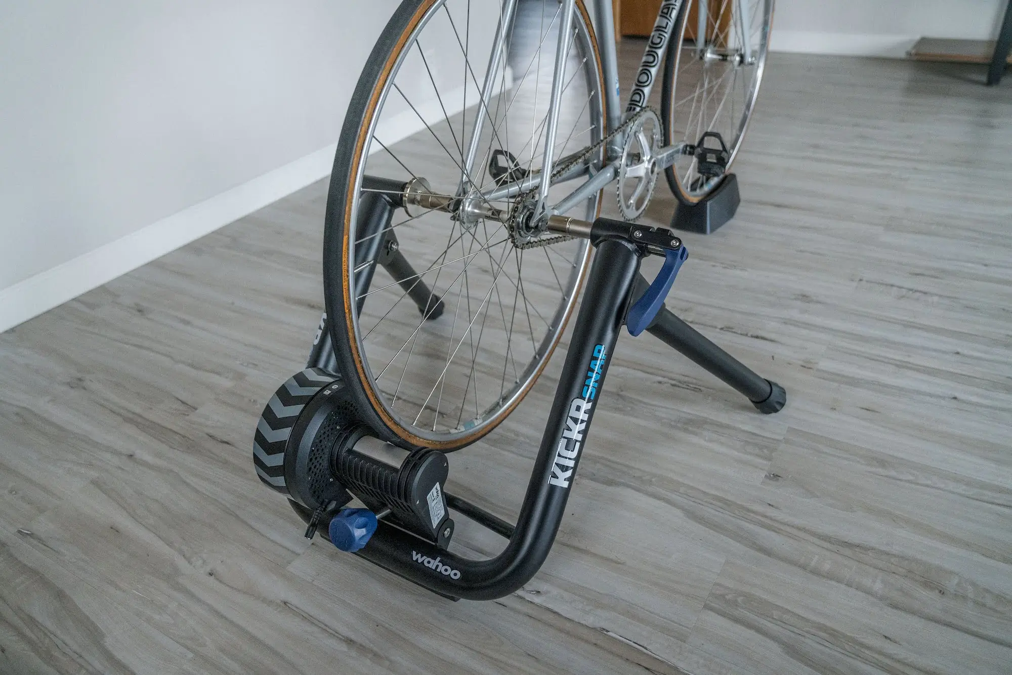 A bike attached to the Wahoo KICKR nanp wheel-on bike trainer