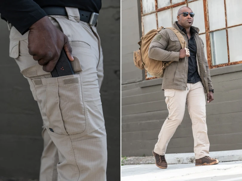 man walking in 5.11 stryke pants in winter