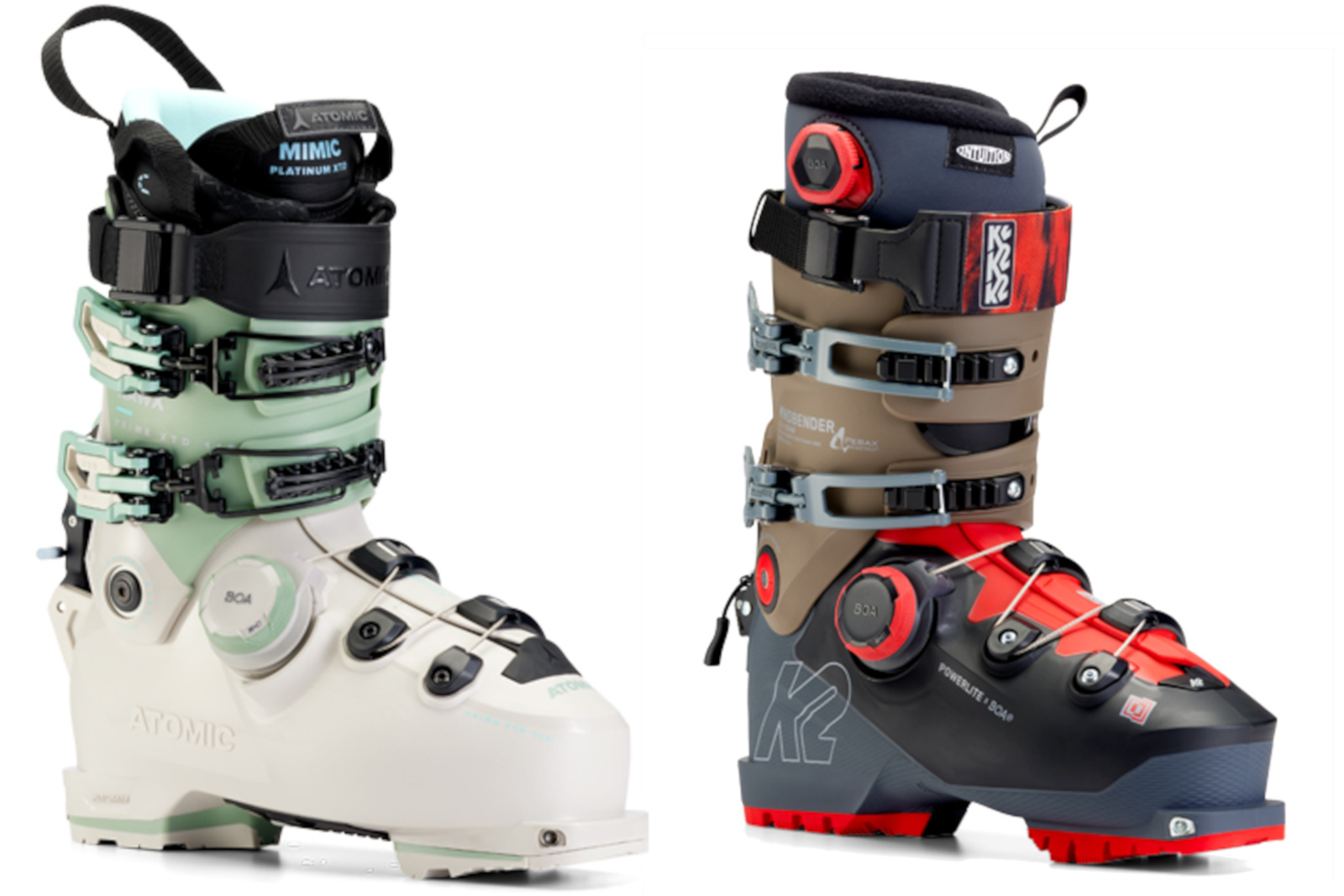 The Hawx Prime XTD 115 BOA women's ski boot and K2 Mindbender 140 BOA men's ski boot.