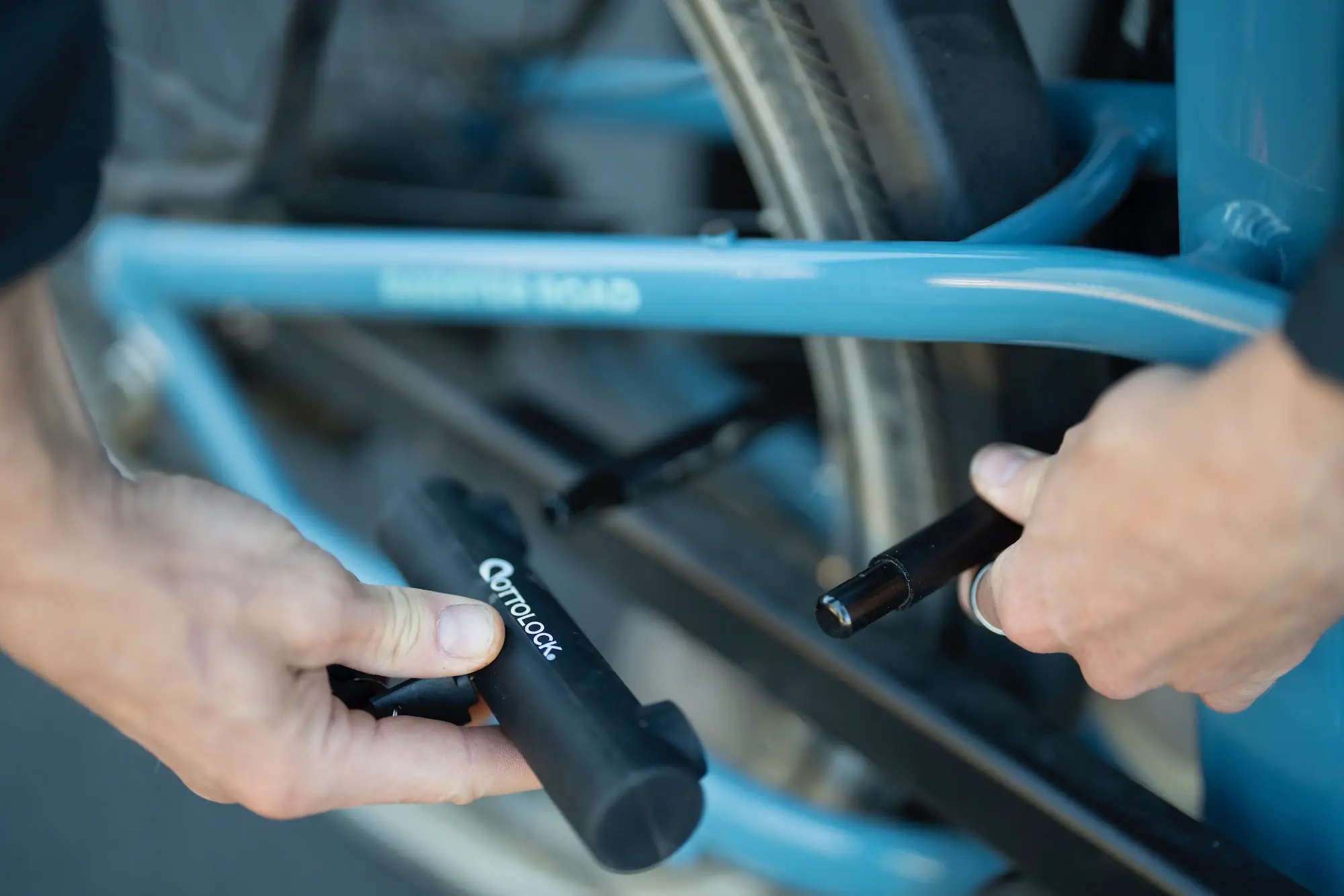 Locking up a commuter bike with a bike lock.
