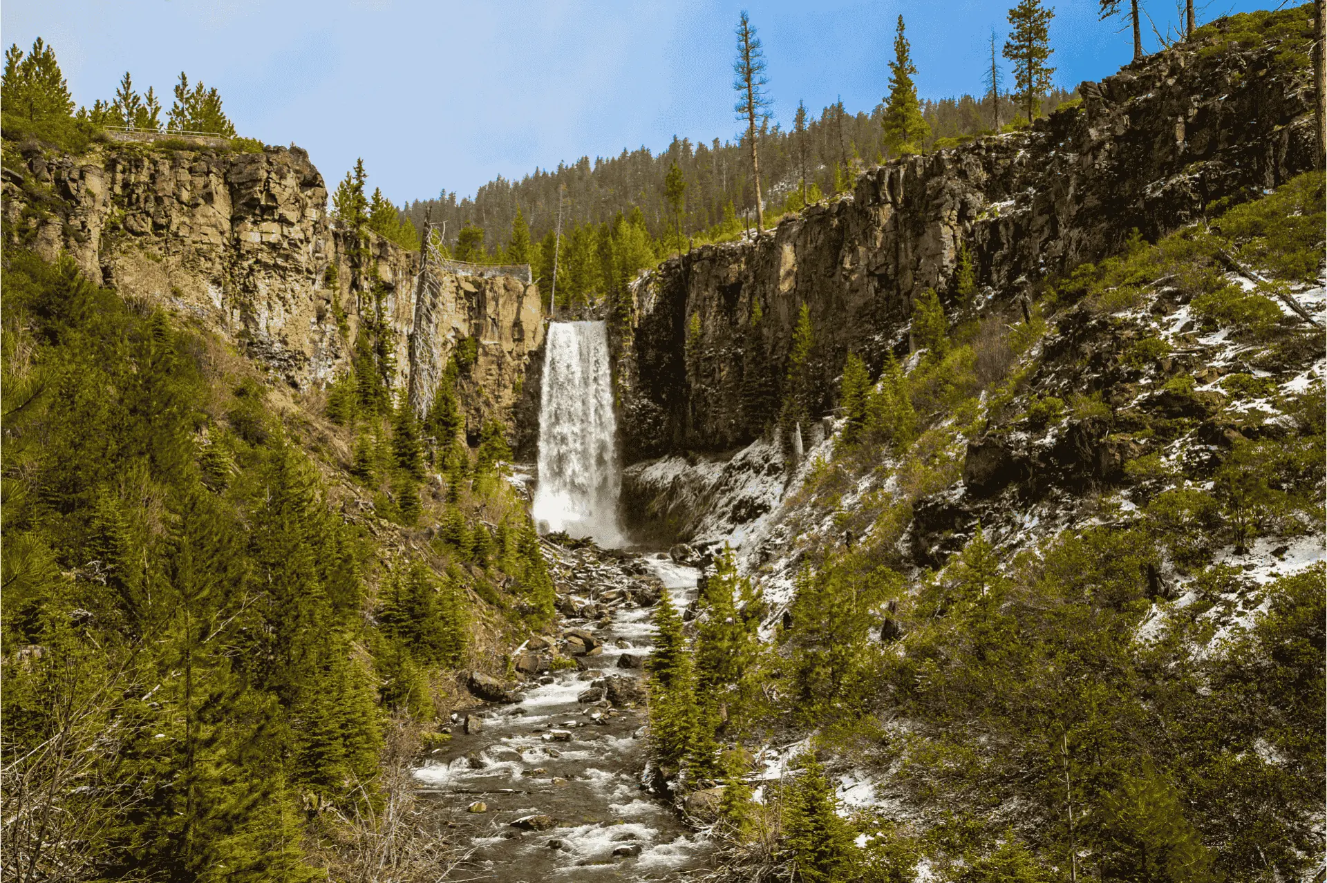 A snowy Tumalo Falls near Bend, Oregon
