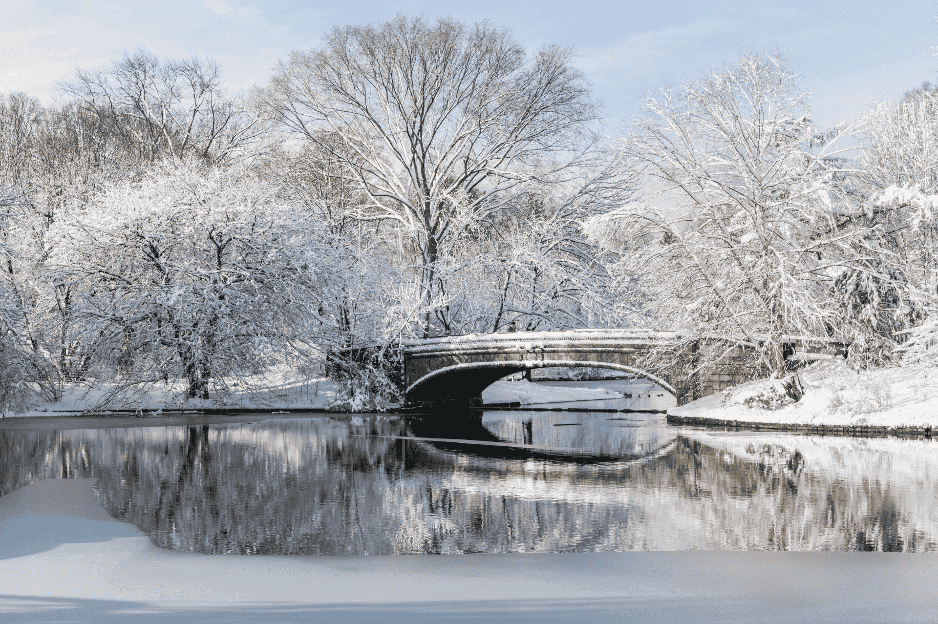 Fresh snow on the Lullwater Bridge in Prospect Park, Brooklyn