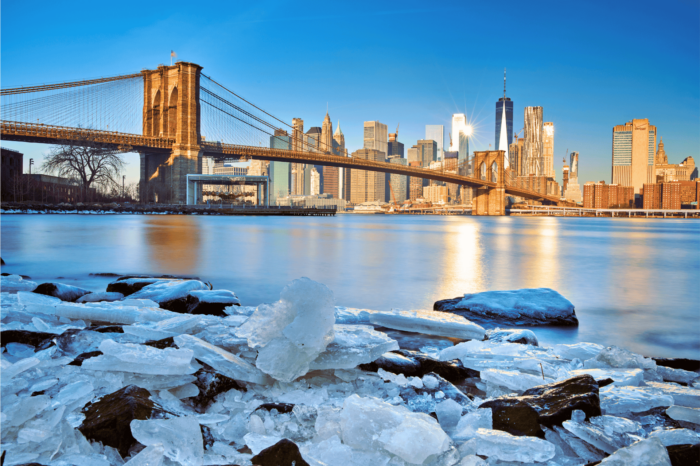 The Manhattan skyline from nearby the Brooklyn Bridge