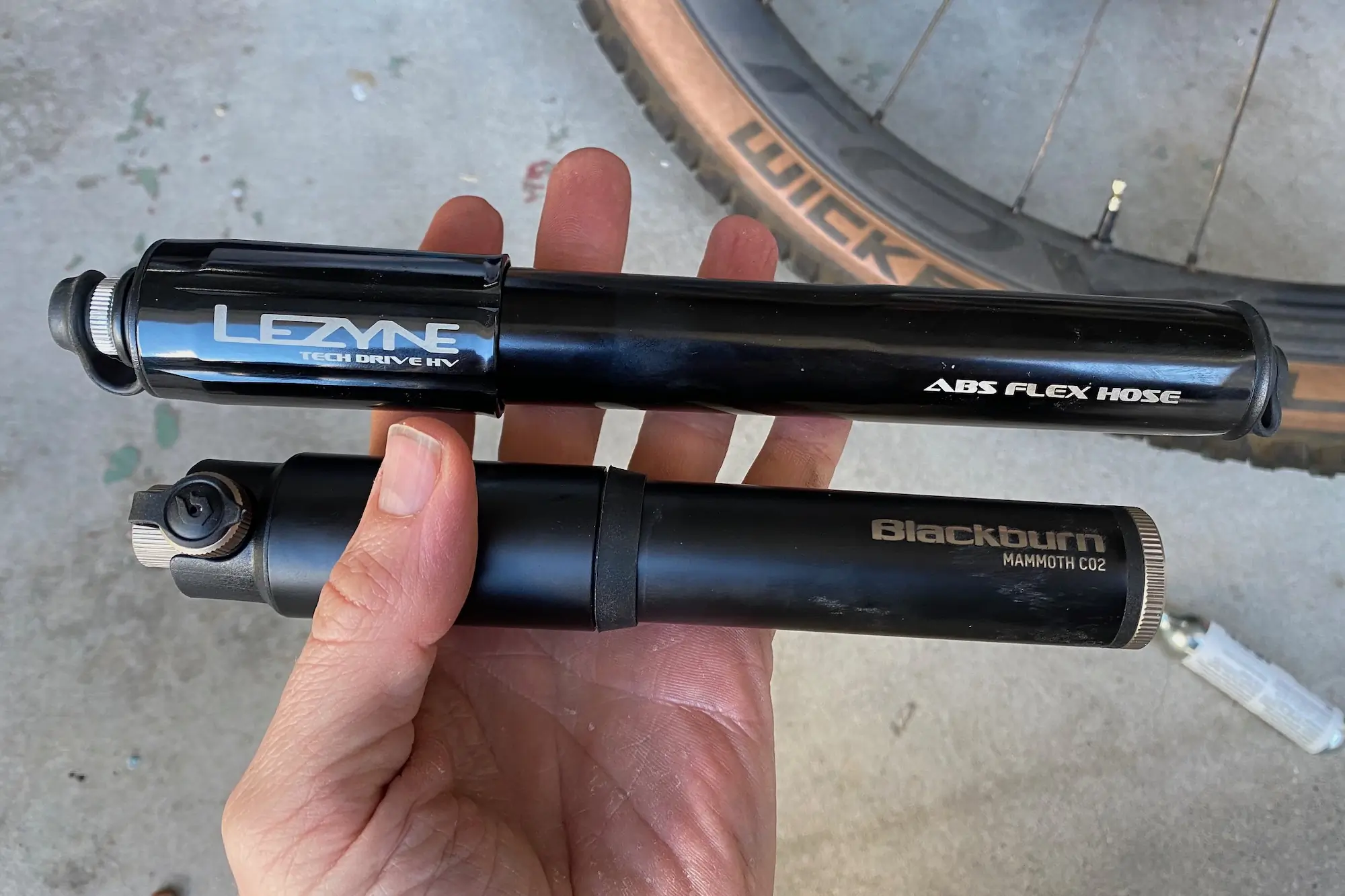 Comparing the size of the Lezyne Tech Drive HV and the Blackburn Mammoth CO2 mini-pumps