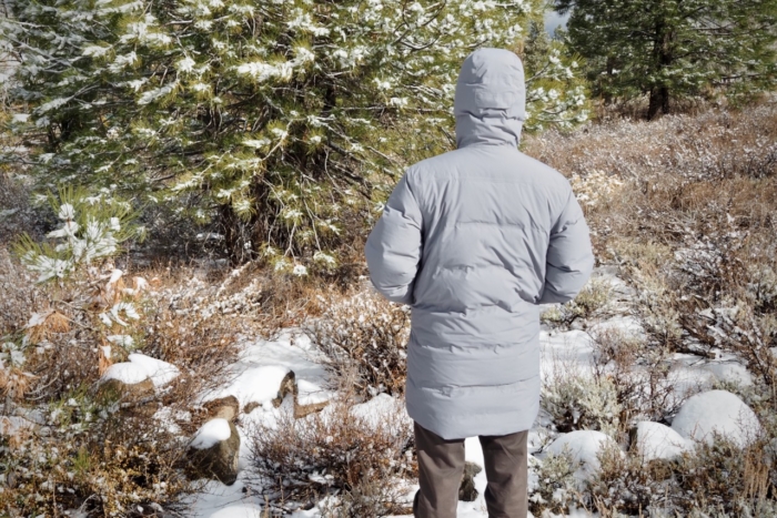 A rear view of a man wearing the Patagonia Jackson Glacier Parka.