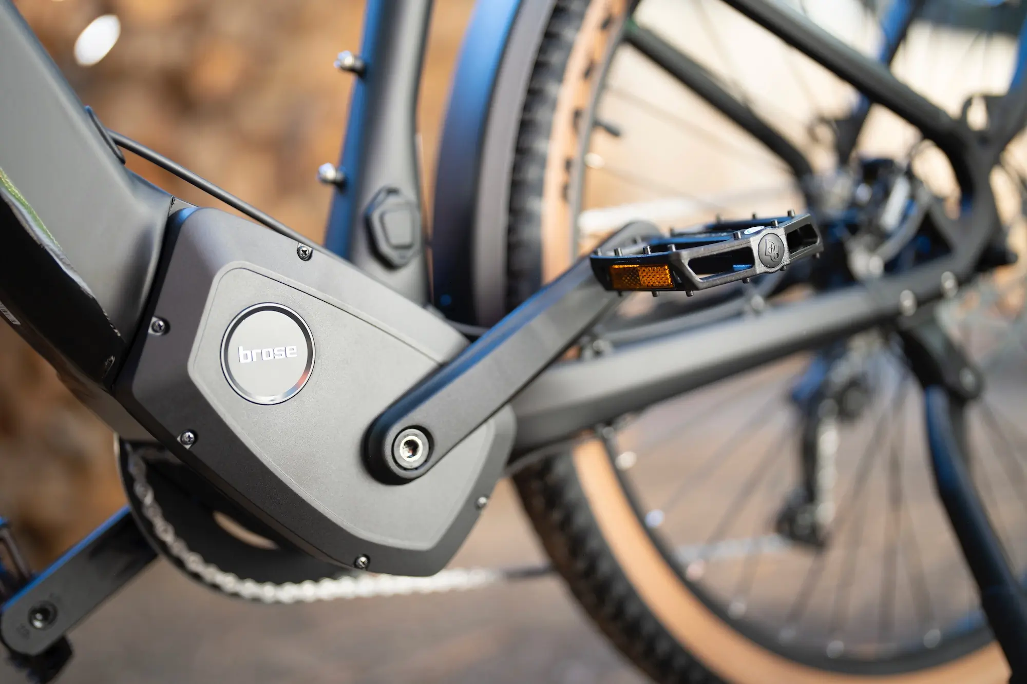 Close-up view of the Brose mid-drive motor on the Ride1Up Prodigy V2 electric commuter bike