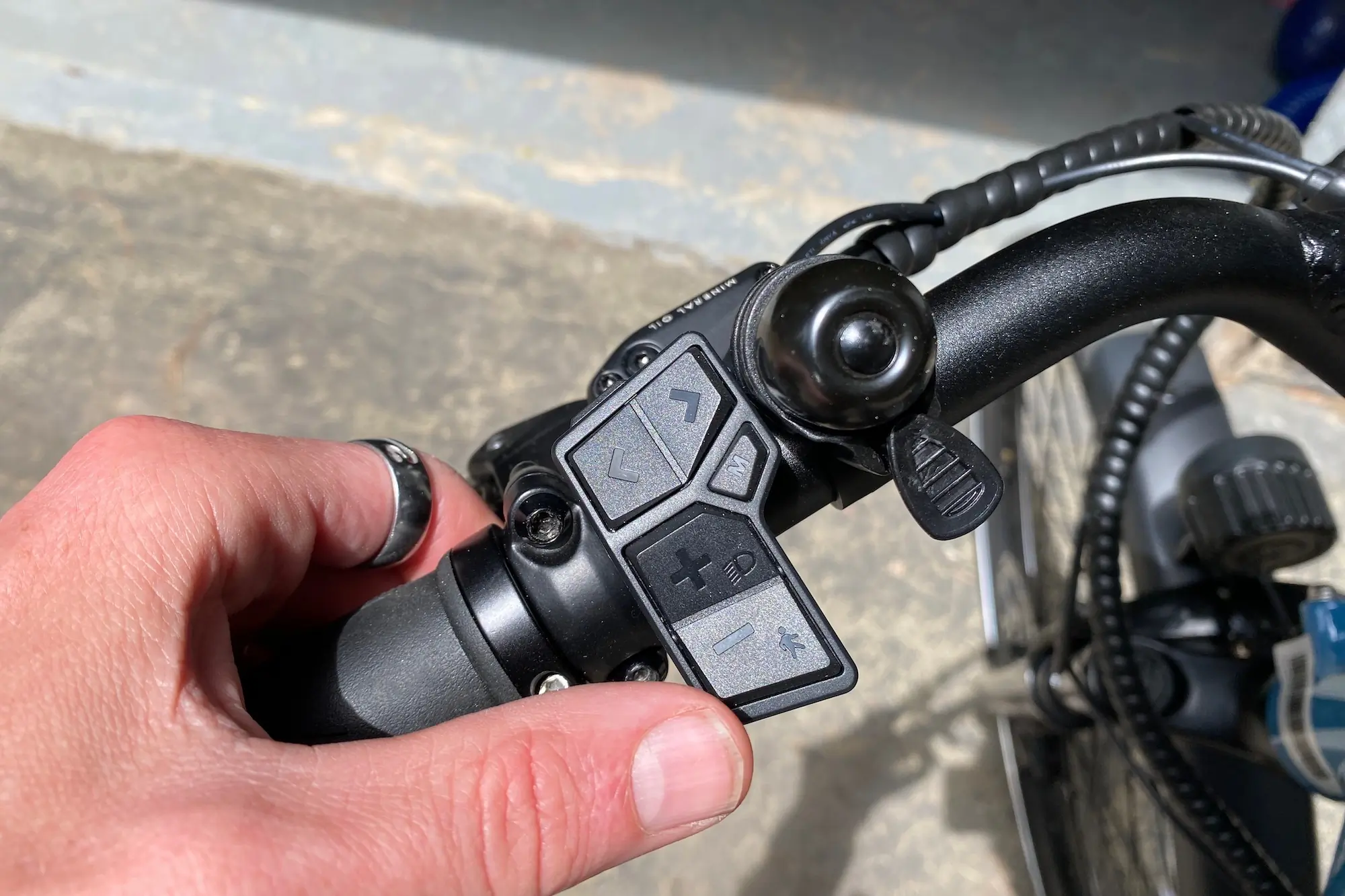 the e-bike controls on the Rad Power Radster Road electric bike