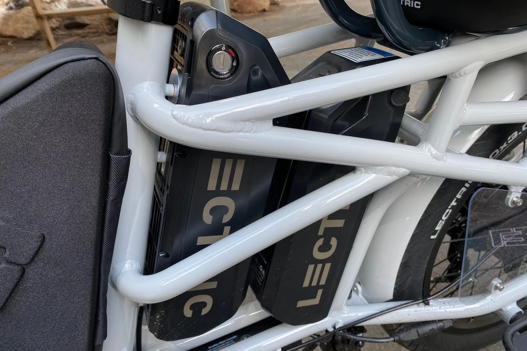 The dual battery setup on the Lectric XPedition electric cargo bike