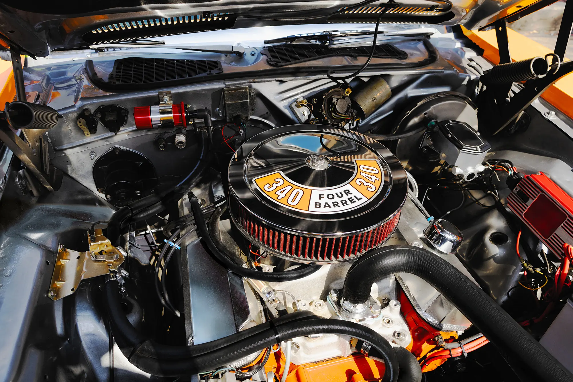 under the hood of a 1973 plymouth barracuda restomod