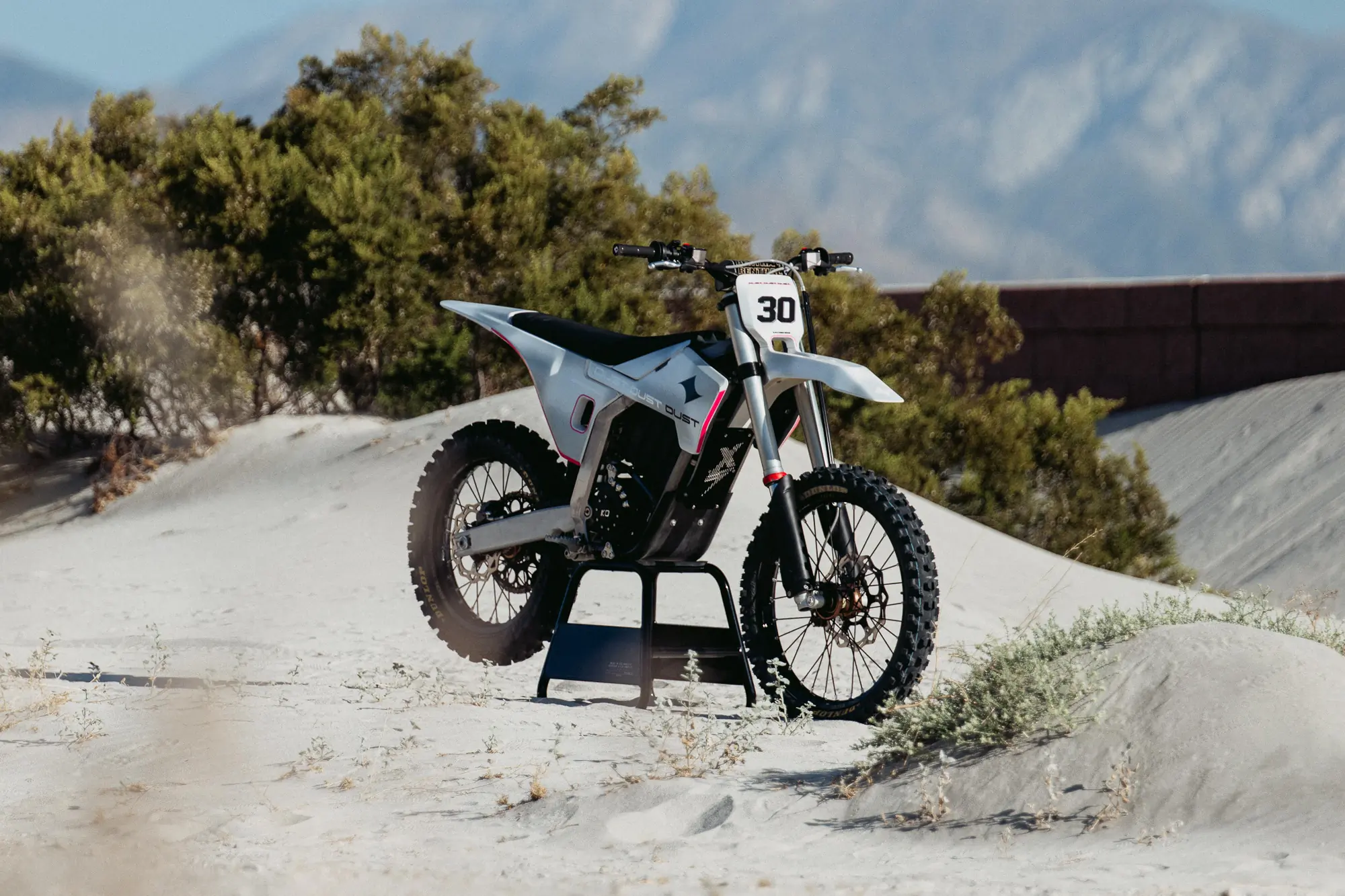Dust Moto Hightail electric motorcycle in the desert