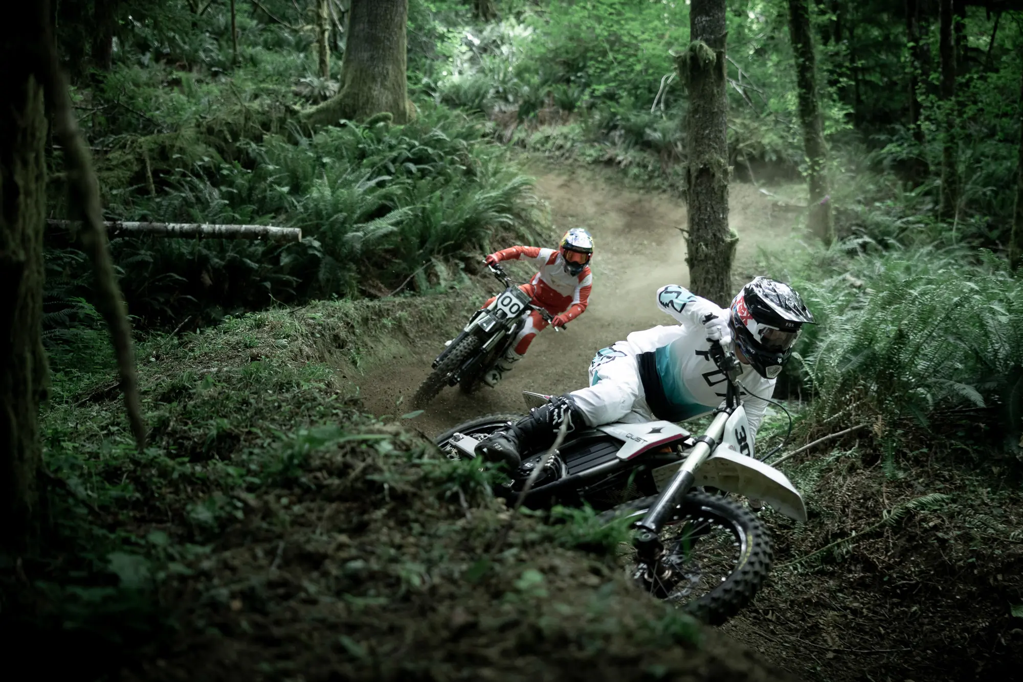 Dust Moto Hightail electric motorcycles on a trail