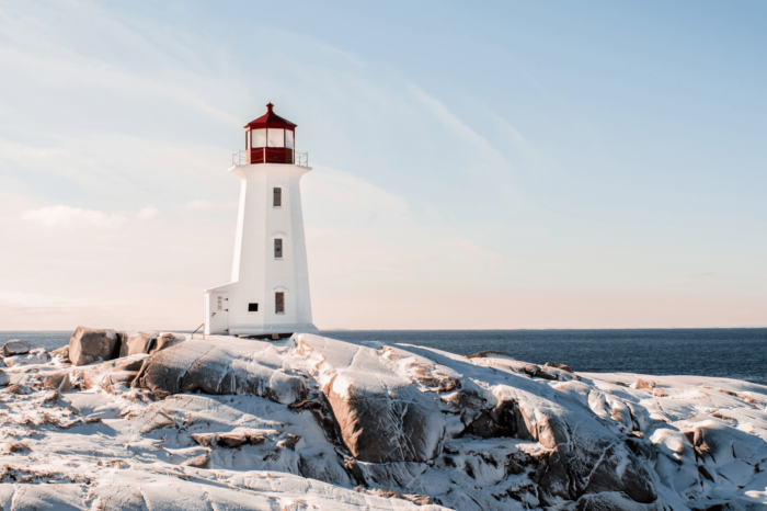 Winter at Peggy's Cove lighthouse near Halifax