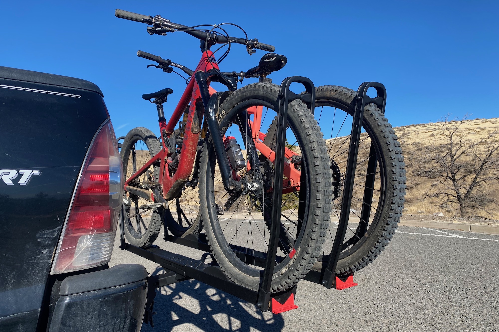 Two bike mounted in the Hollywood Racks CrossTrack 2-bike rack