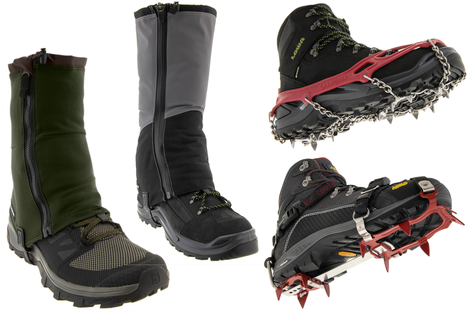 Kahtoola MICROspikes, gaiters, and hiking crampons.