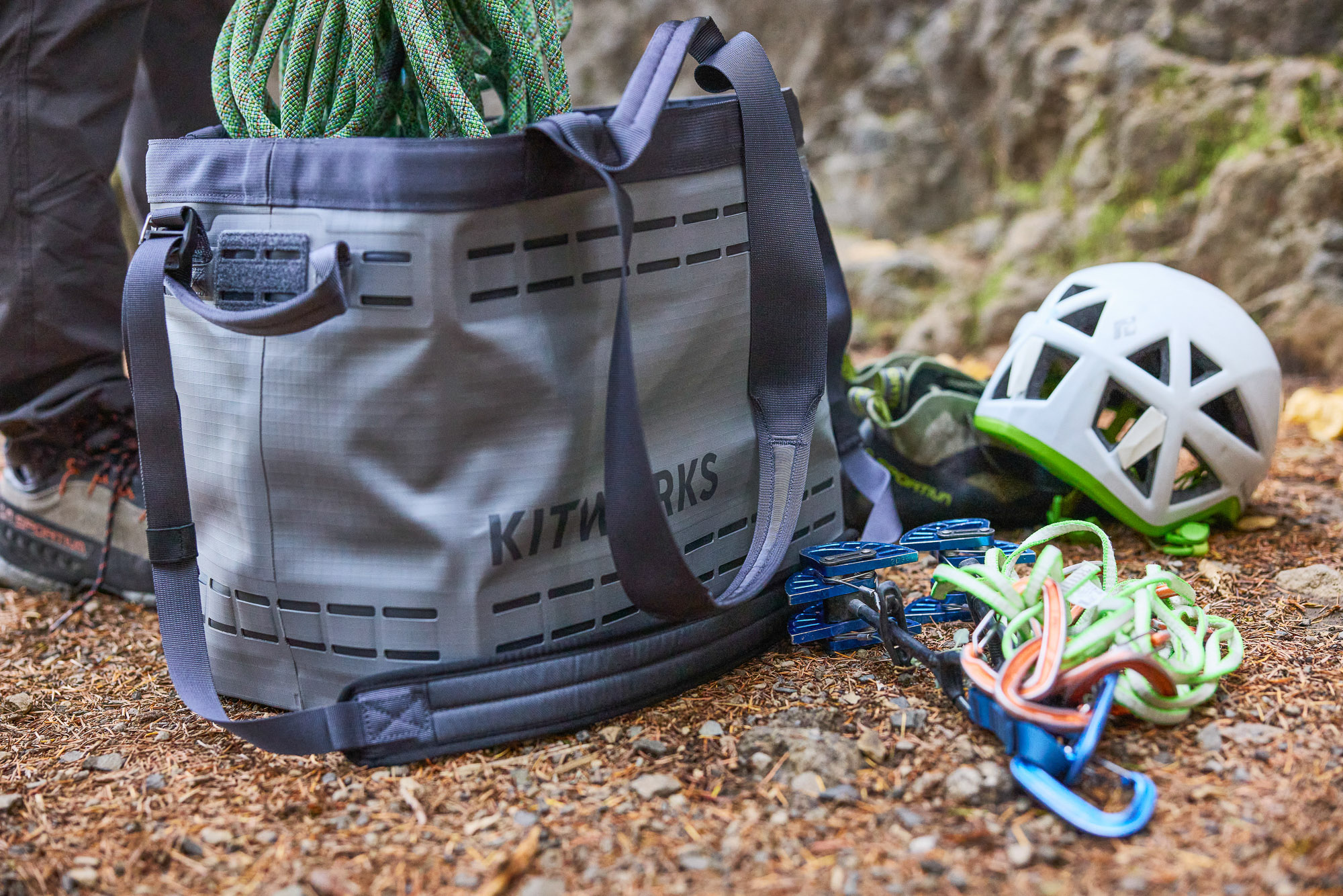 Kitworks 35L Gear Tote filled with rock climbing gear