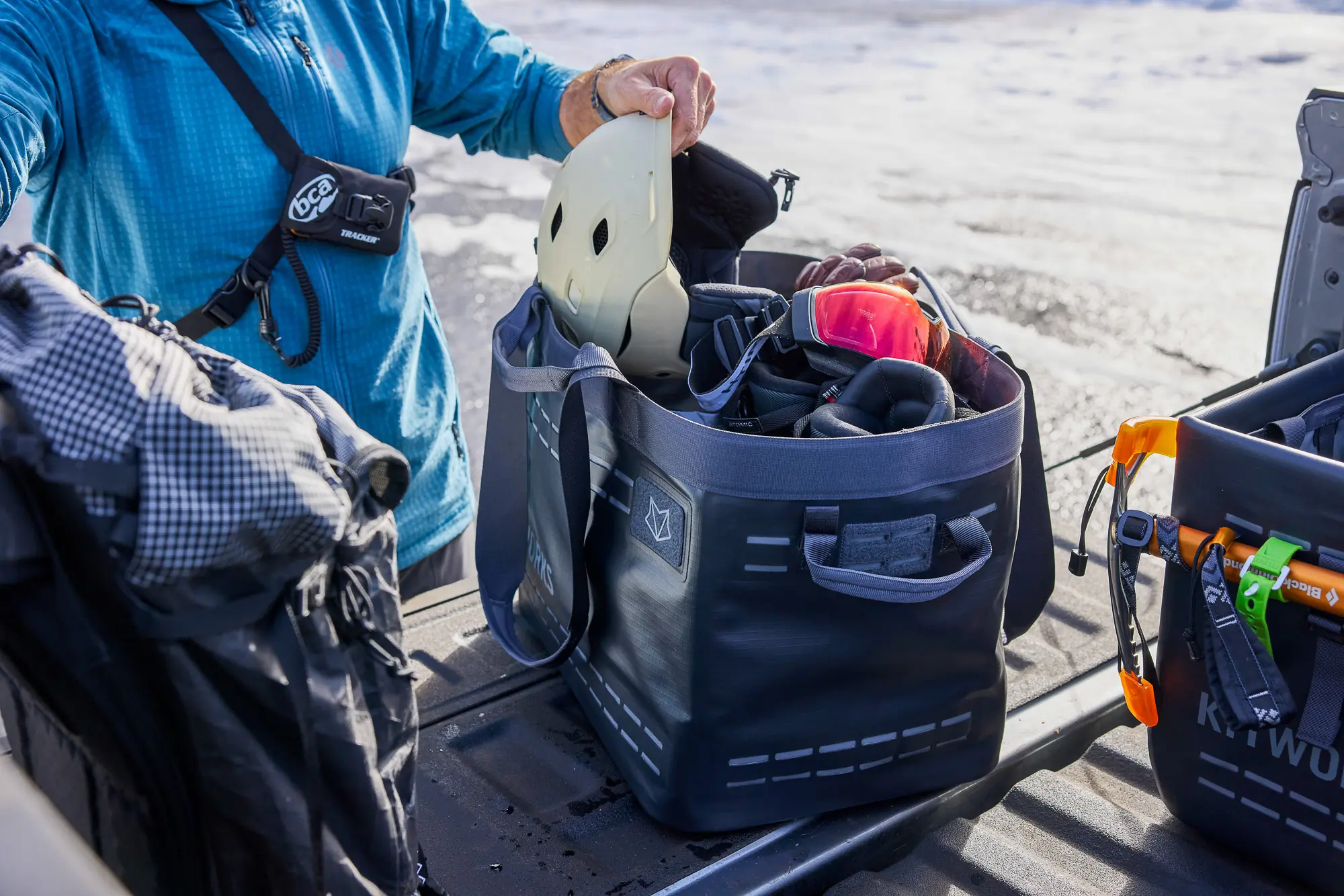 Kitworks 55L Gear Tote in use for skiing