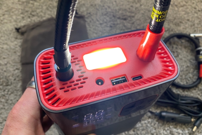 The flashlight feature on the top of the Kohree Portable Tire Inflator