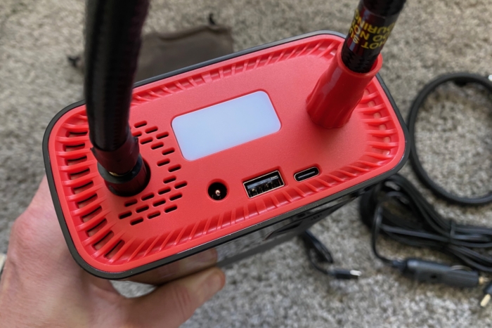 The 12V DC input, USB-A output, and USB-C input on the top of the Kohree portable tire inflator
