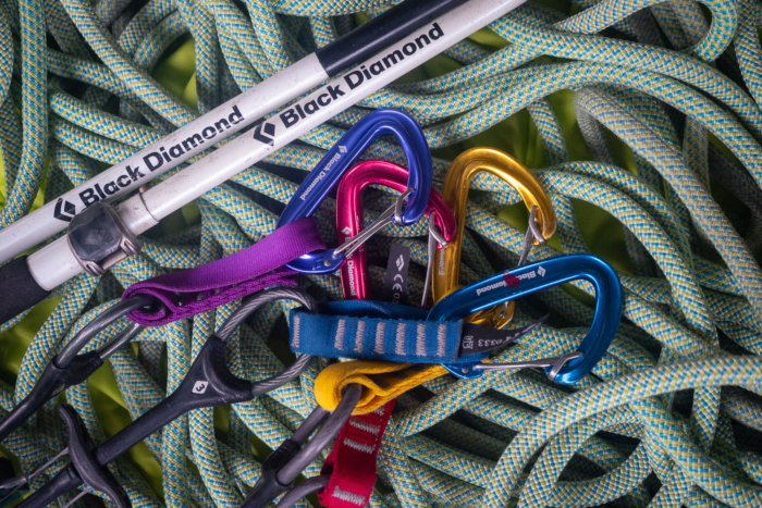Black Diamond carabiners and trekking poles on a climbing rope