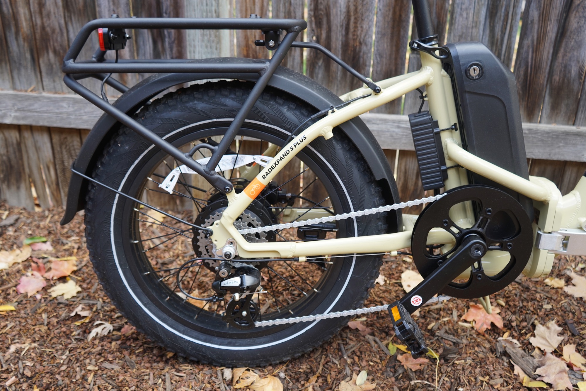 A look at the rear wheel and rear hub motor on the Rad Power RadExpend 5 Plus folding electric bike