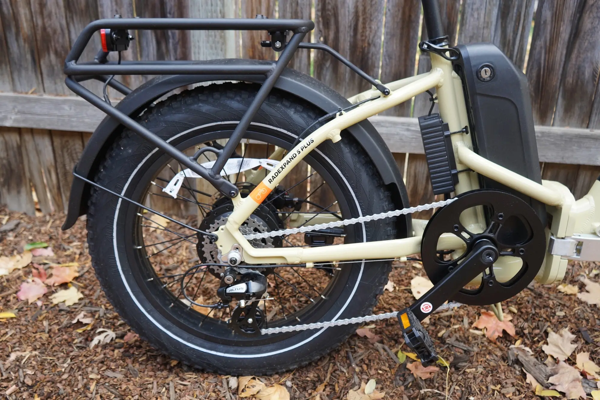 A look at the rear wheel and rear hub motor on the Rad Power RadExpend 5 Plus folding electric bike