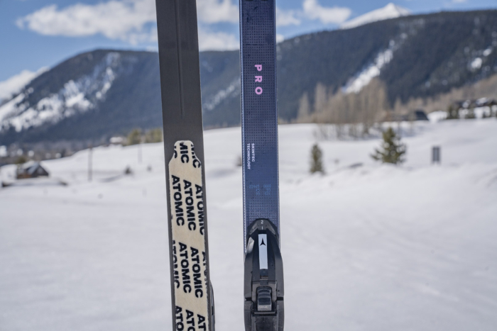 Close-up of ski skins showing texture and Atomic branding
