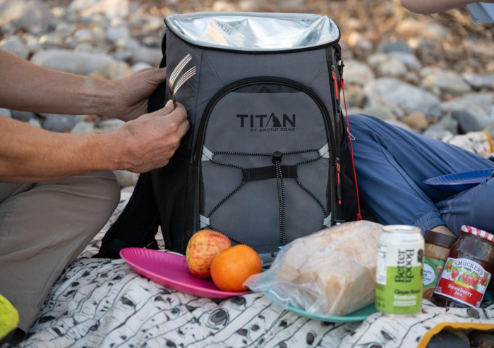person unpacks a Titan Arctic Zone cooler on a picnic blanket with food and utensils