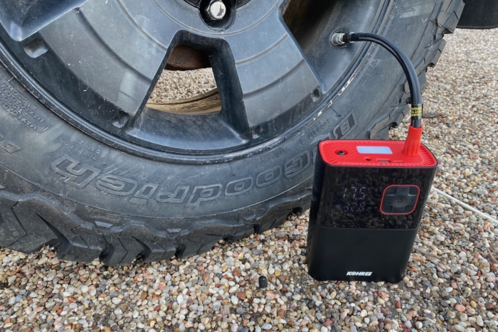 Using the Kohree Portable Tire Inflator to top off a small truck tire
