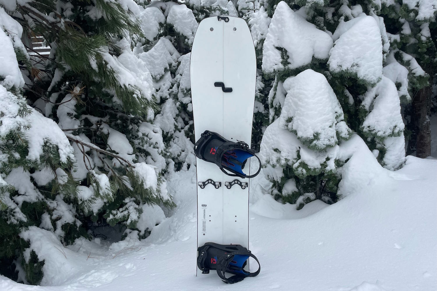 Splitboard standing upright in fresh snow