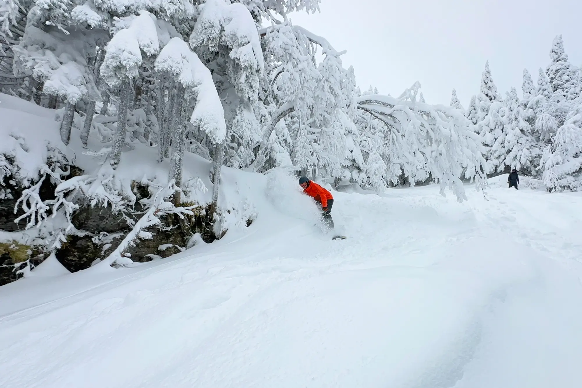 Snowboarder carving through deep powder in the Arc'teryx Sabre 3L jacket