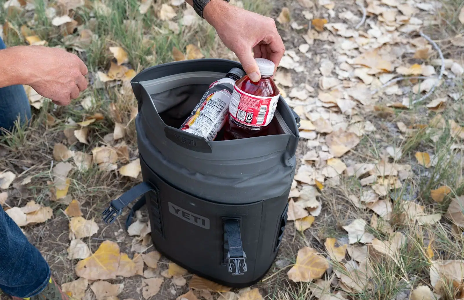 yeti Hopper M12 cooler with drinks inside