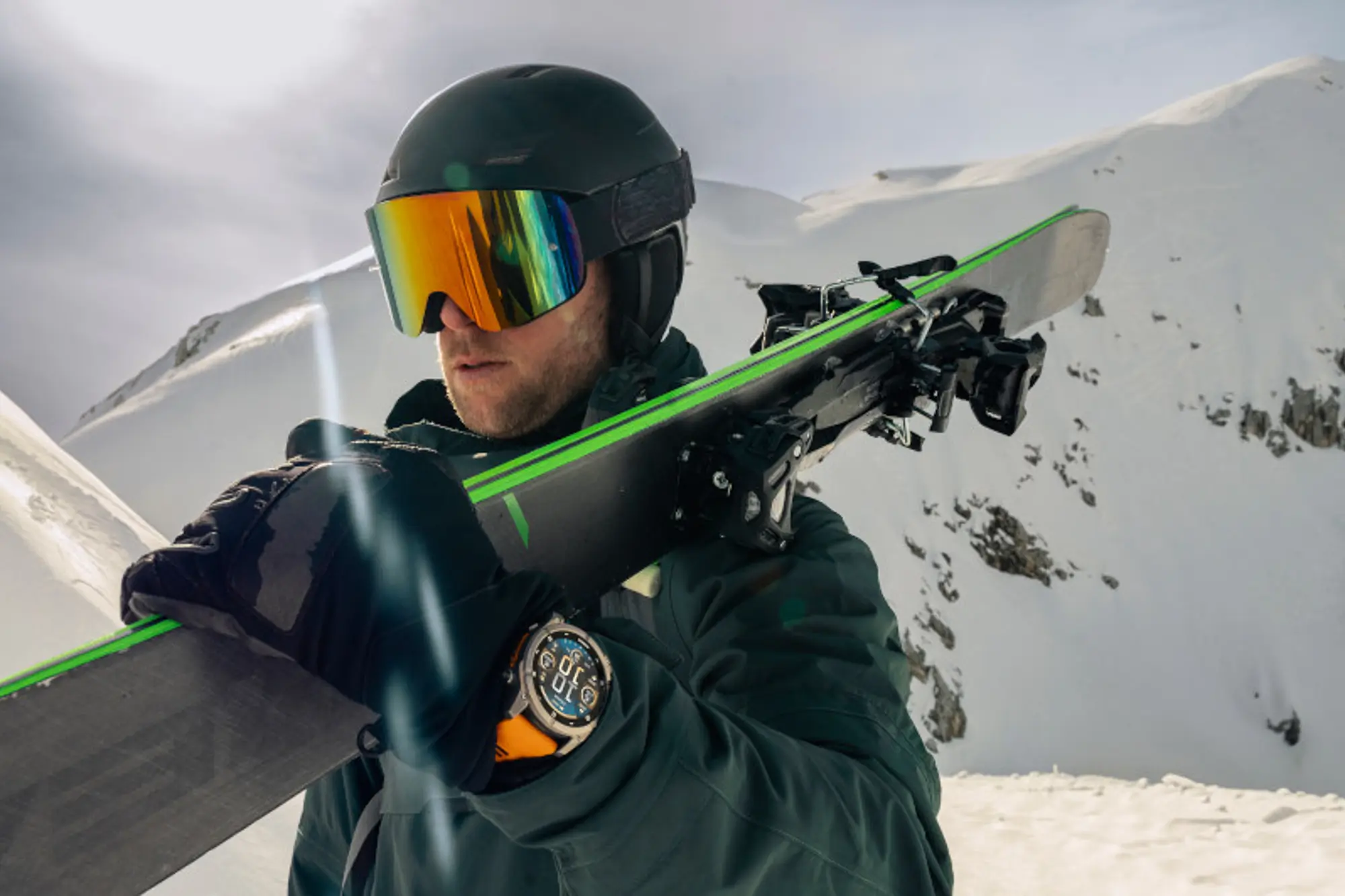 Garmin fenix 8 with AMOLED display on skiier