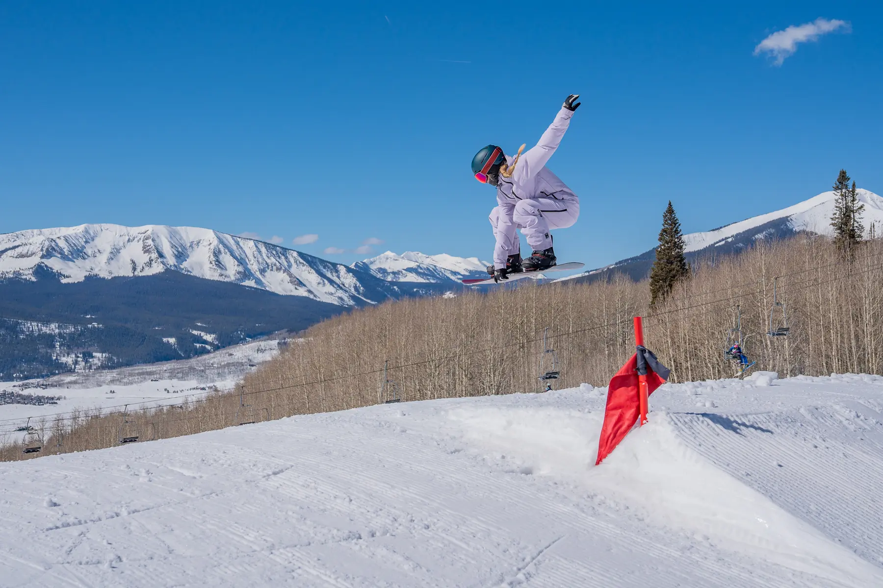Testing the unisex L1 Premium Goods Axial pants for snowboarders at Crested Butte Mountain Resort; (photo/Eric Phillips)