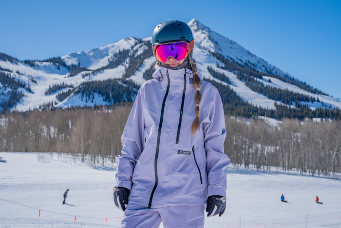 Testing the unisex L1 Premium Goods Axial Jacket for snowboarders; (photo/Eric Phillips)