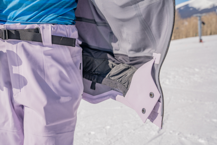 Testing the unisex L1 Premium Goods Axial Jacket for snowboarders at Crested Butte Mountain Resort; (photo/Eric Phillips)