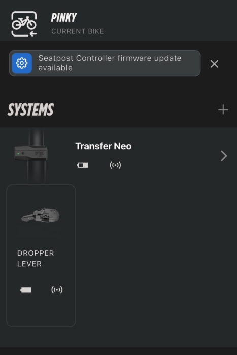 A screenshot of the system screen of the Fox Bike app showing the battery charge of the dropper and dropper lever