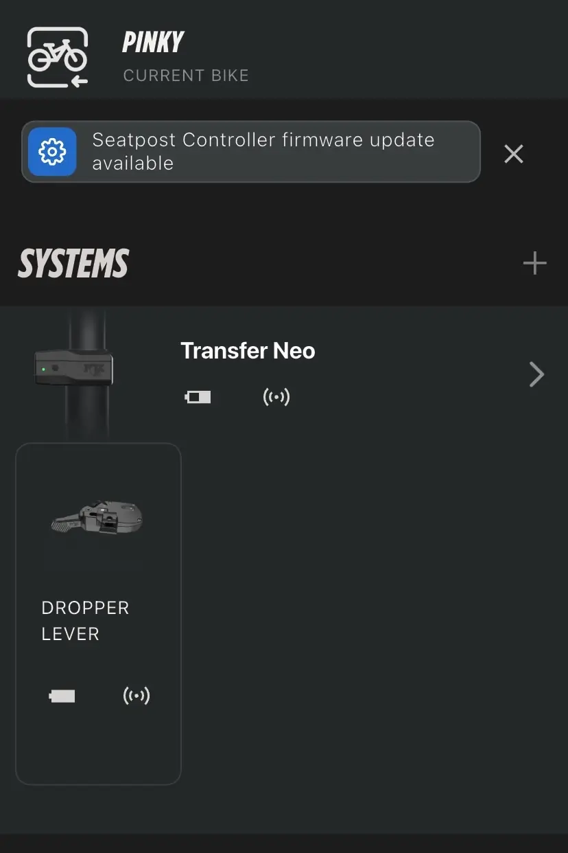 A screenshot of the system screen of the Fox Bike app showing the battery charge of the dropper and dropper lever