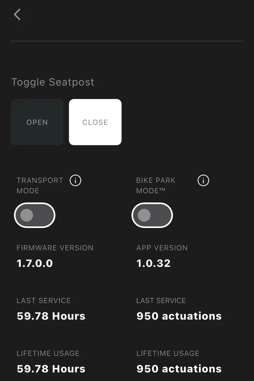Screenshot of the transport and bike park modes, along with usage info for the Transfer Neo dropper post