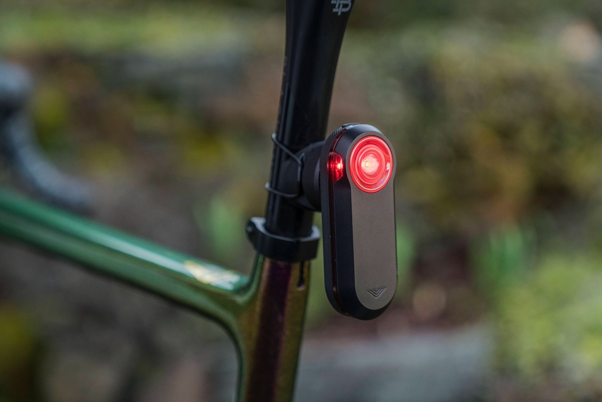 The Garmin Varia RTL515 mounted on the seatpost of a road bike