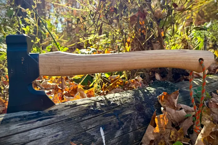The Hardcore Hammers Camp Companion Axe lies on a log, with its wooden handle and braided lanyard against autumn leaves