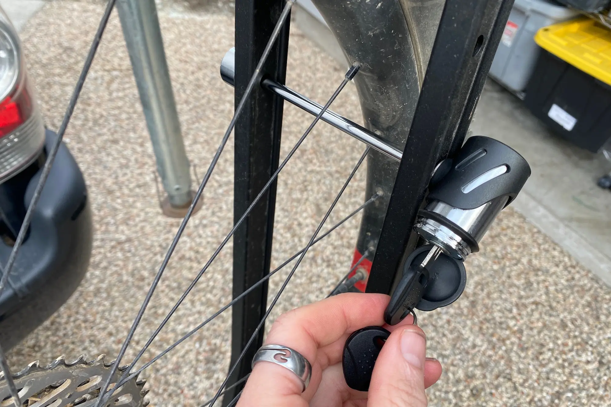 Locking a wheel on the Hollywood racks CrossTrack with the wheel locks