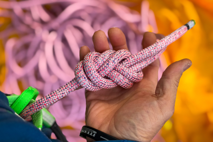 Edelrid Birdlime 1R 9.8 rope tied into a harness