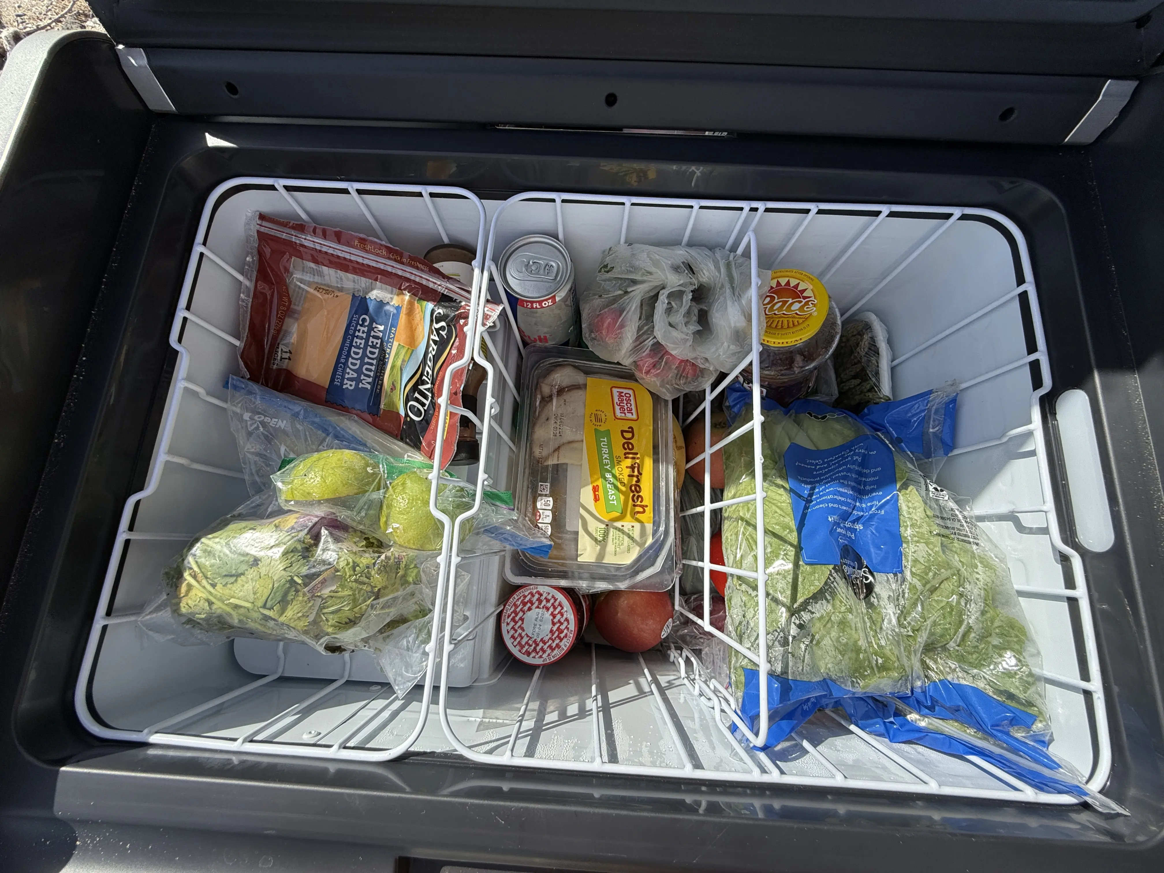 The wire baskets filled with food in the Dometic CFX 55IM Electric Cooler 