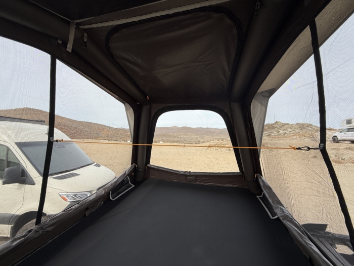 Elastic line with clip attachments is a great tool for hanging clothes to dry in the Dometic TRT 140 Air