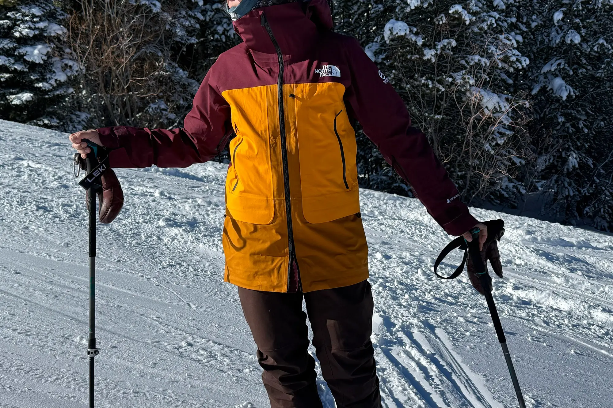 The North Face Summit Series Verbier Gore-Tex Jacket showcasing its longer length, providing additional coverage and protection for skiing in cold conditions