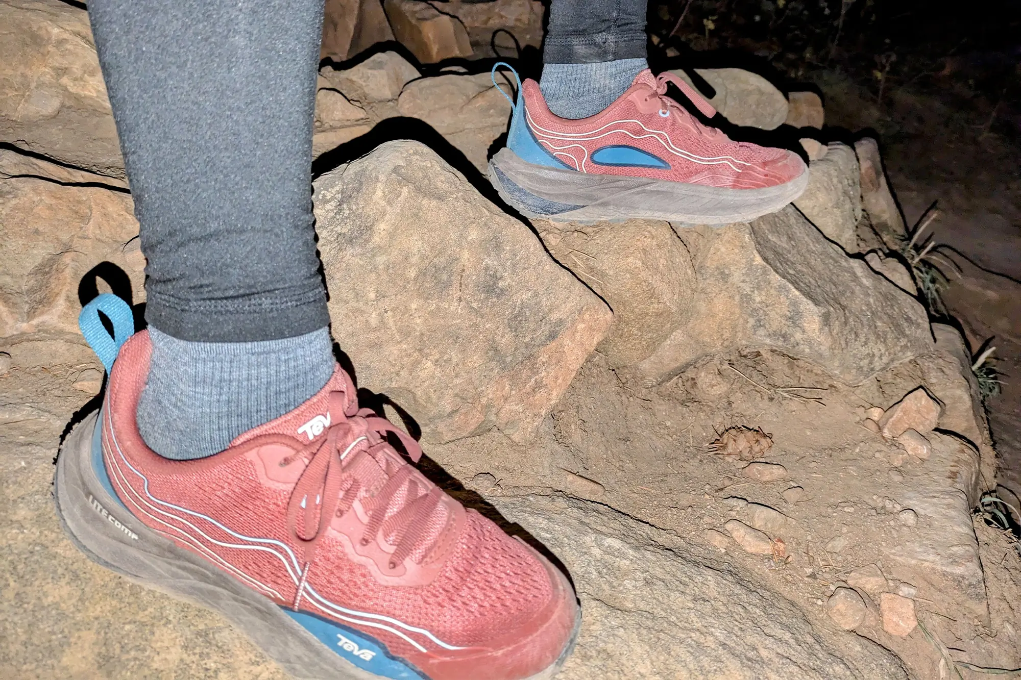 Teva Trailwinder Low Hiking Shoes on rocky terrain at night